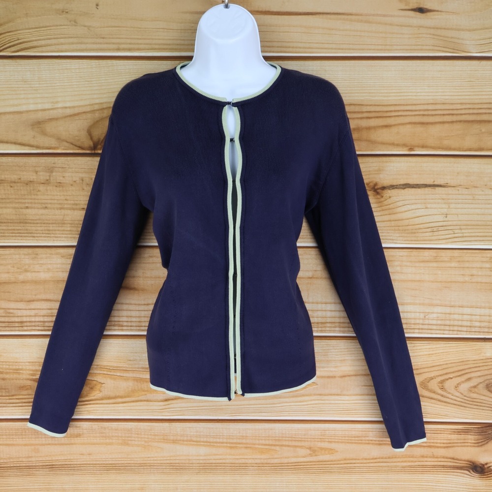 Cardigan Sweater Silk-Nylon Blend Womens Size L Blue‎ Beige Accents Long Sleeve